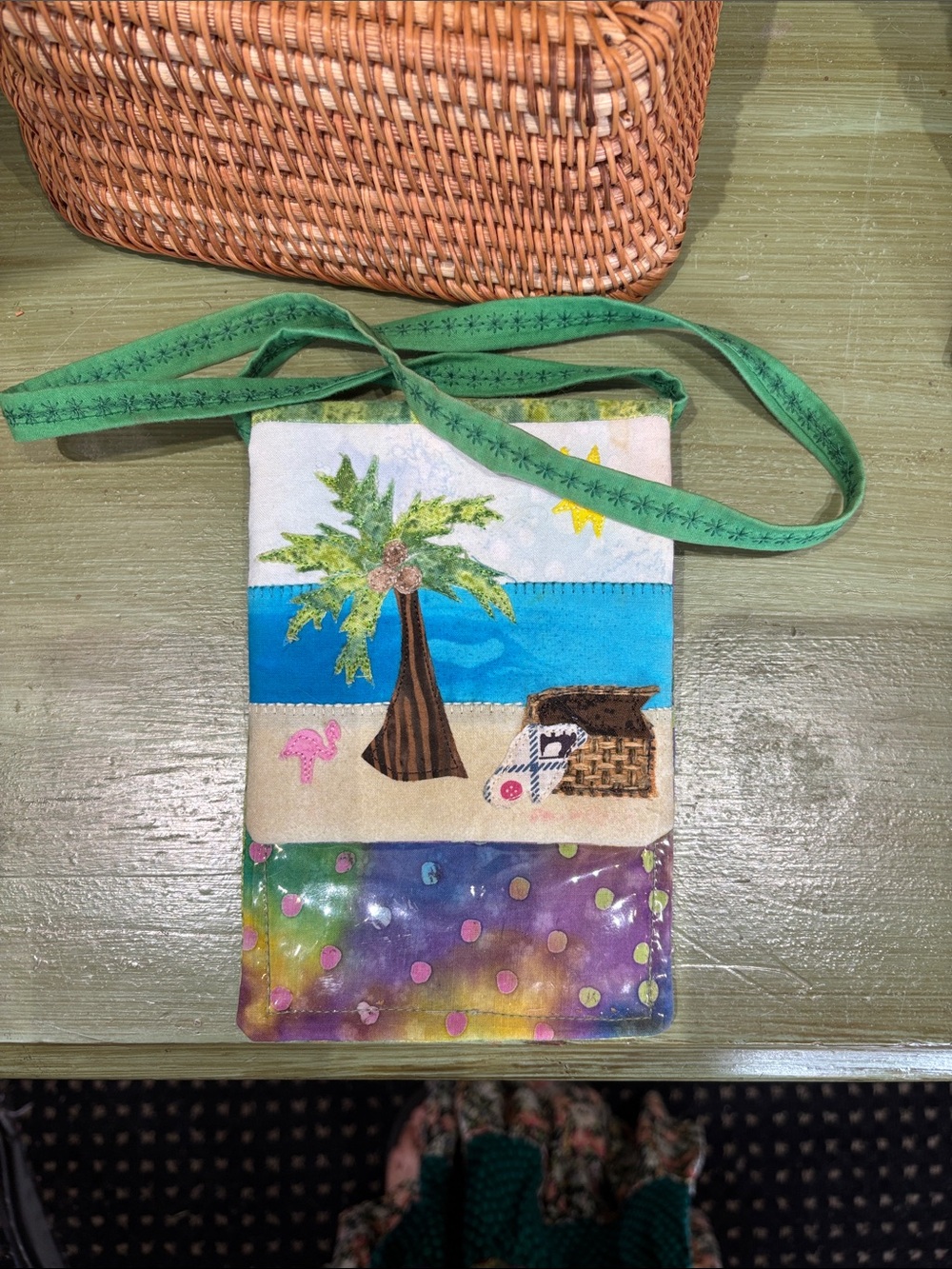 Handmade Tropical Palm Appliqué mini purse - Green Strap